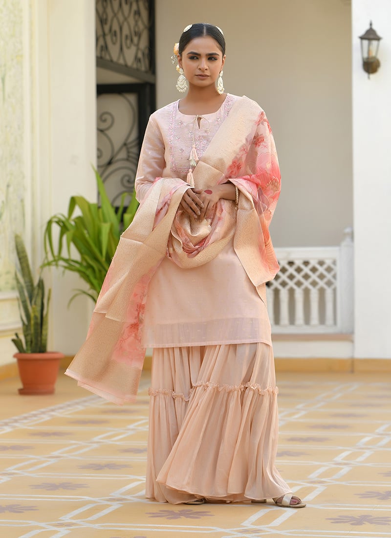 Pink Chanderi Floral Printed Embroidered Sharara Suit