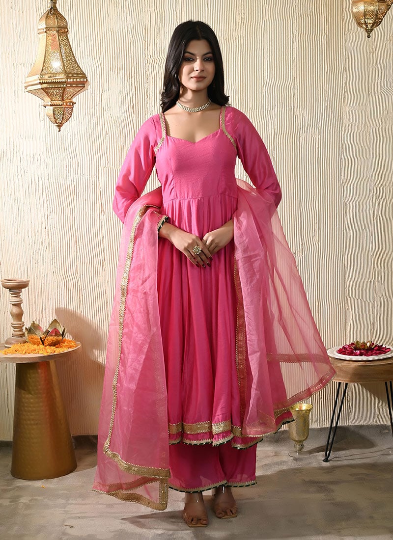 Pink Chanderi Gota Work Anarkali Suit