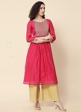 Pink Chanderi Modal Embroidered Long Kurti