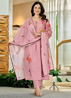 Pink Chanderi Printed Straight Pant Suit