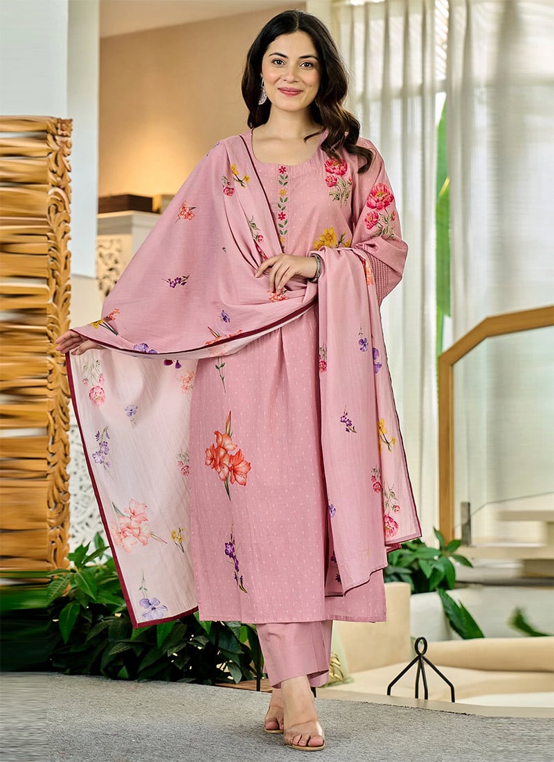 Pink Chanderi Printed Straight Pant Suit After Six Wear