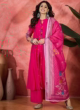 Pink Chanderi Silk Embroidered Digital Print Palazzo Suit