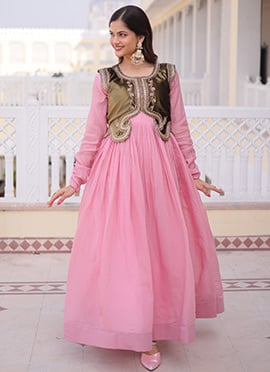 Pink Chanderi Silk Embroidered Sequins  Anarkali Gown