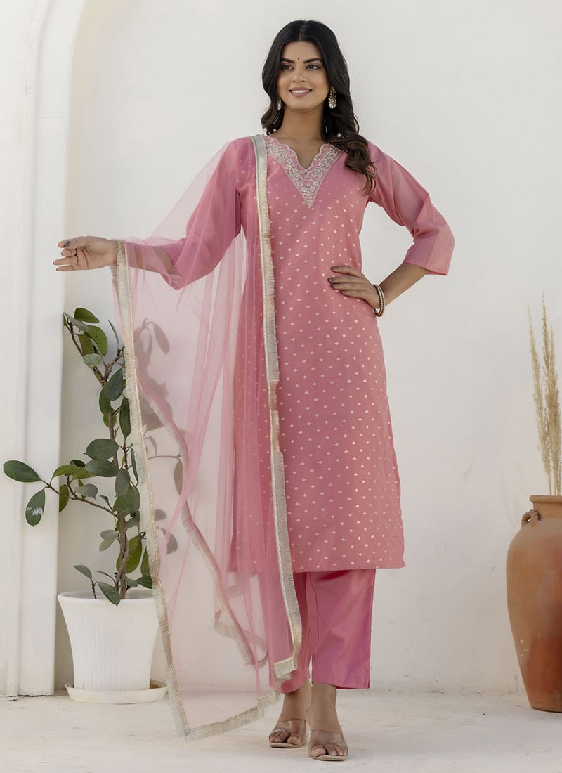 Pink Chanderi Silk Embroidered Sequins Straight Pant Suit After Six Wear