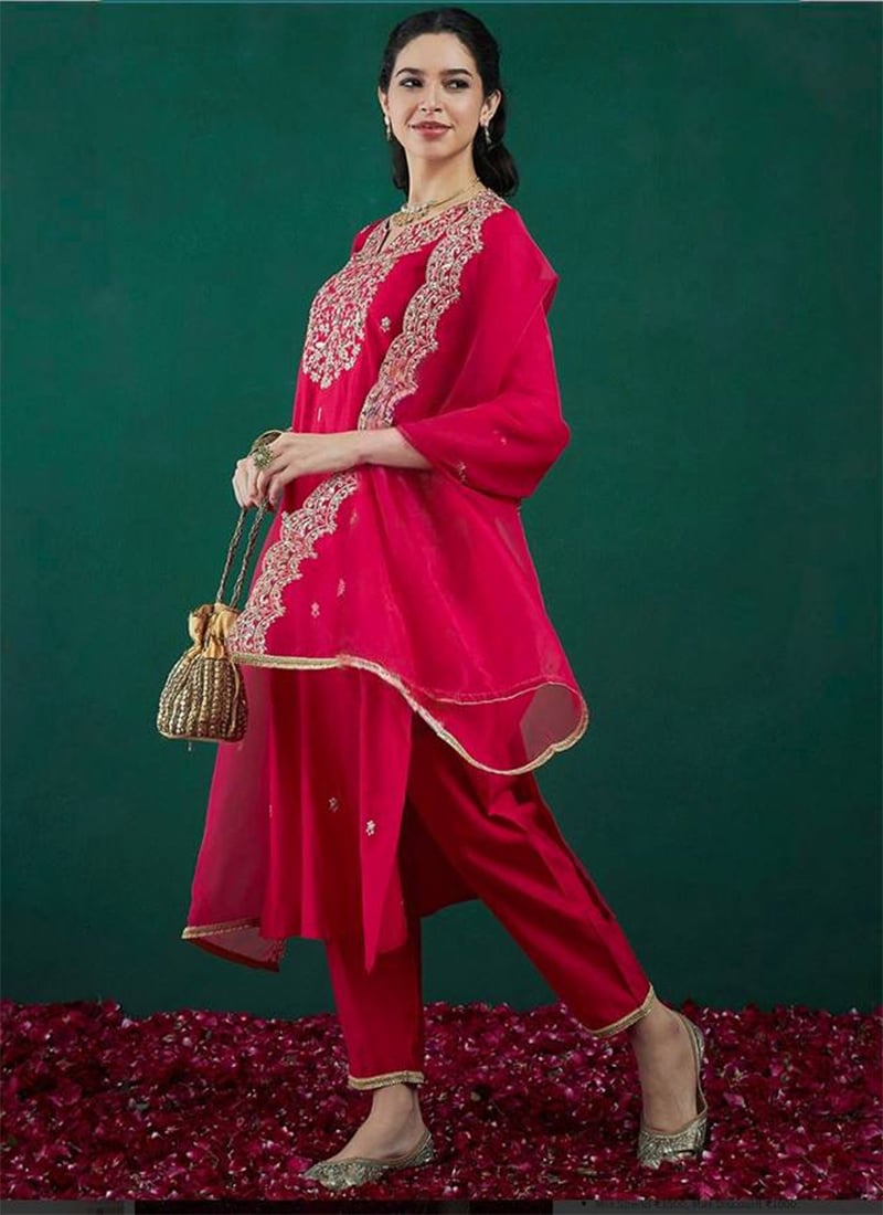 Pink Chanderi Silk Embroidered Sequins Straight Pant Suit Festive Wear