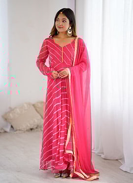 Pink Chiffon Leheriya Print Anarkali Suit