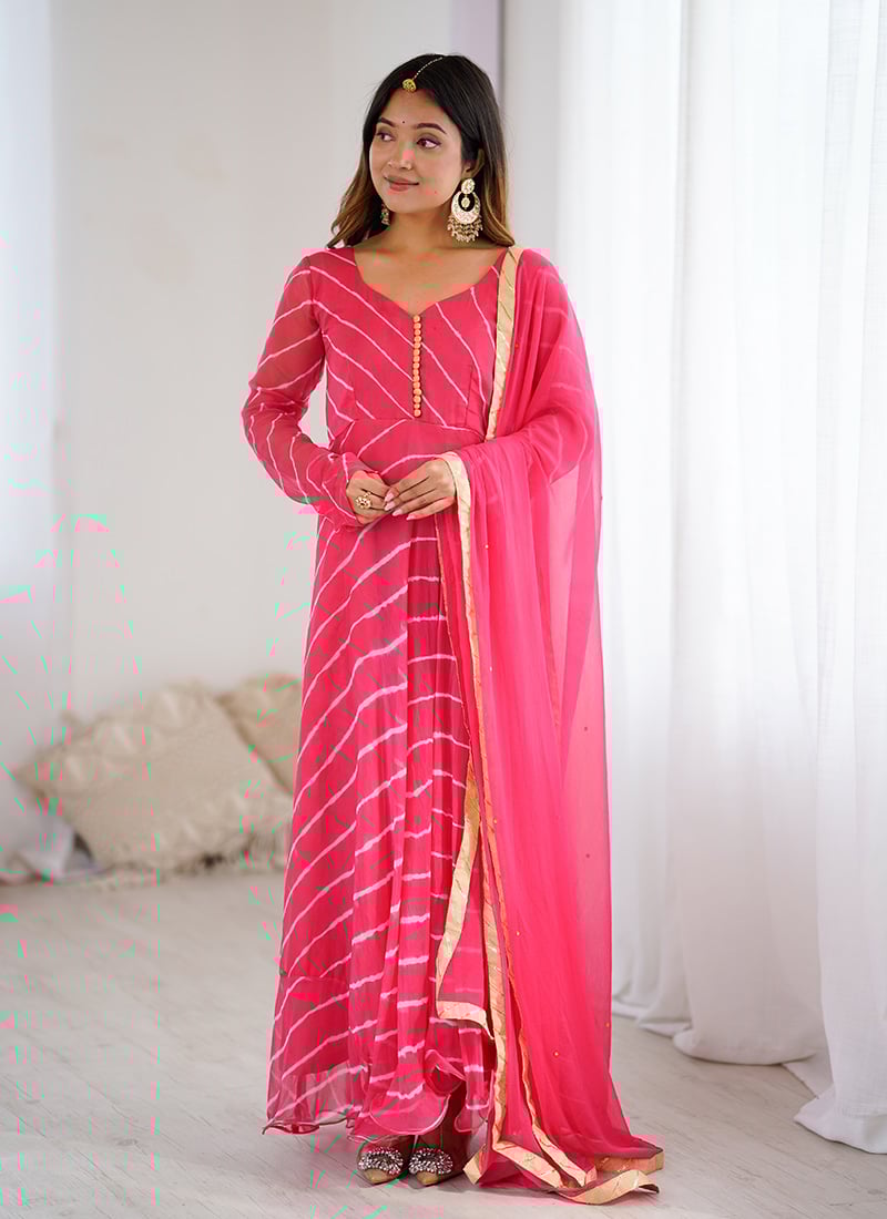 Pink Chiffon Leheriya Print Anarkali Suit After Six Wear