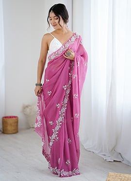 Pink Chiffon Crush Beads And Sequins Embellished Saree