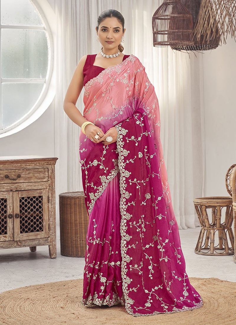 Pink Chiffon Embroidered And Zari Pedding Saree Festive Wear