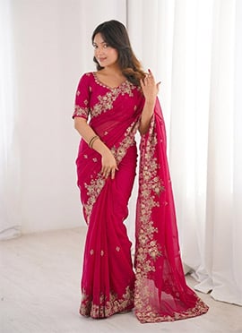 Pink Chiffon Embroidered Cut Work Saree