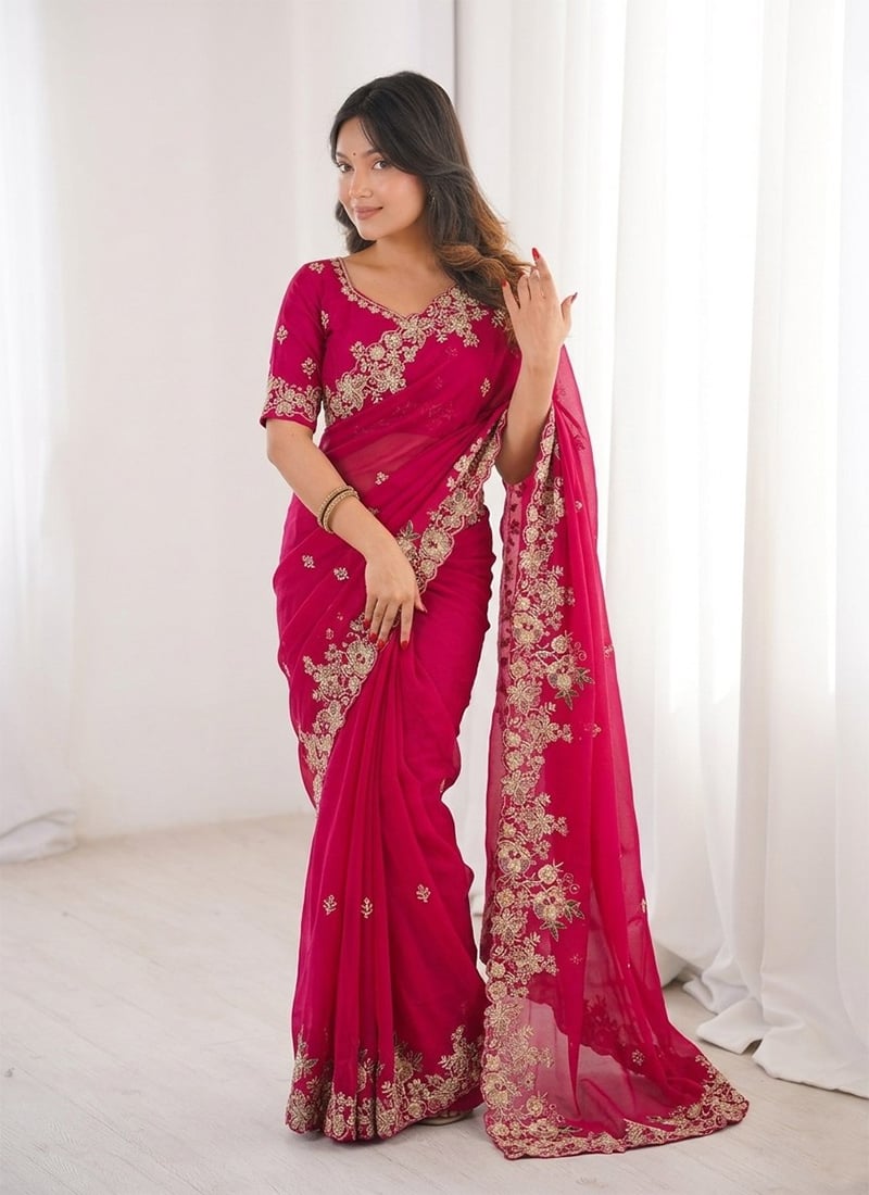 Pink Chiffon Embroidered Cut Work Saree Festive Wear