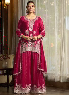 Pink Chiffon Embroidered Sequin With Stone Work Palazzo Suit