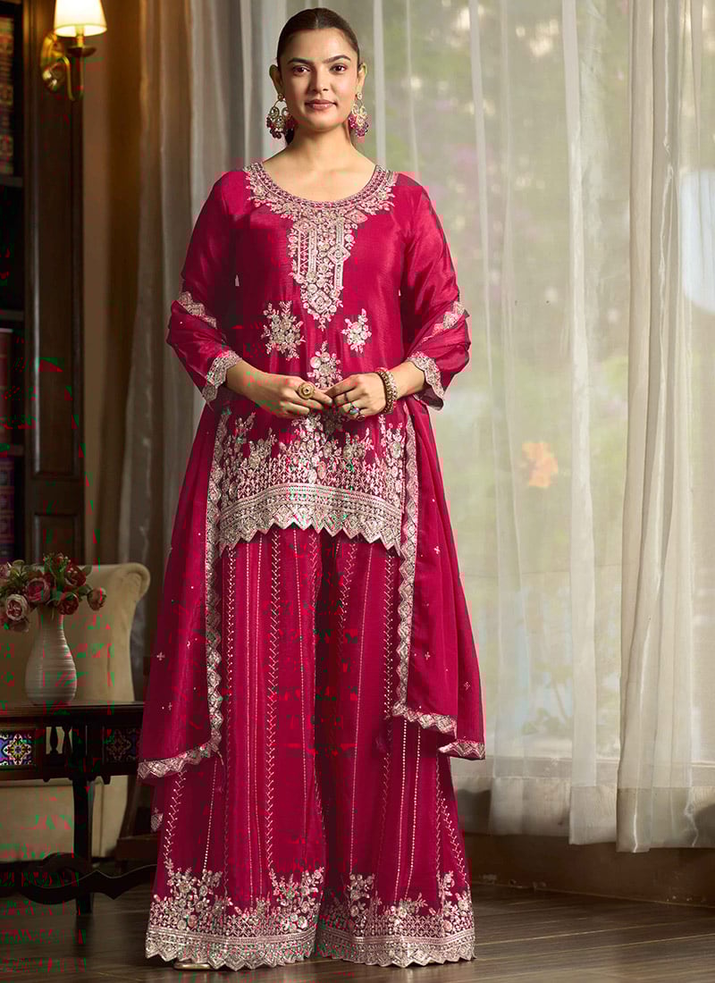 Pink Chiffon Embroidered Sequin With Stone Work Palazzo Suit Festive Wear