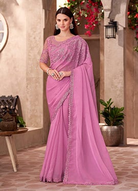 Pink Chiffon Embroidered Sequins Cut Work Saree