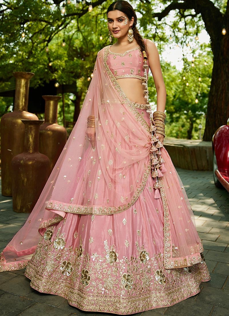 Pink Chiffon Embroidered Sequins Lehenga Wedding Wear