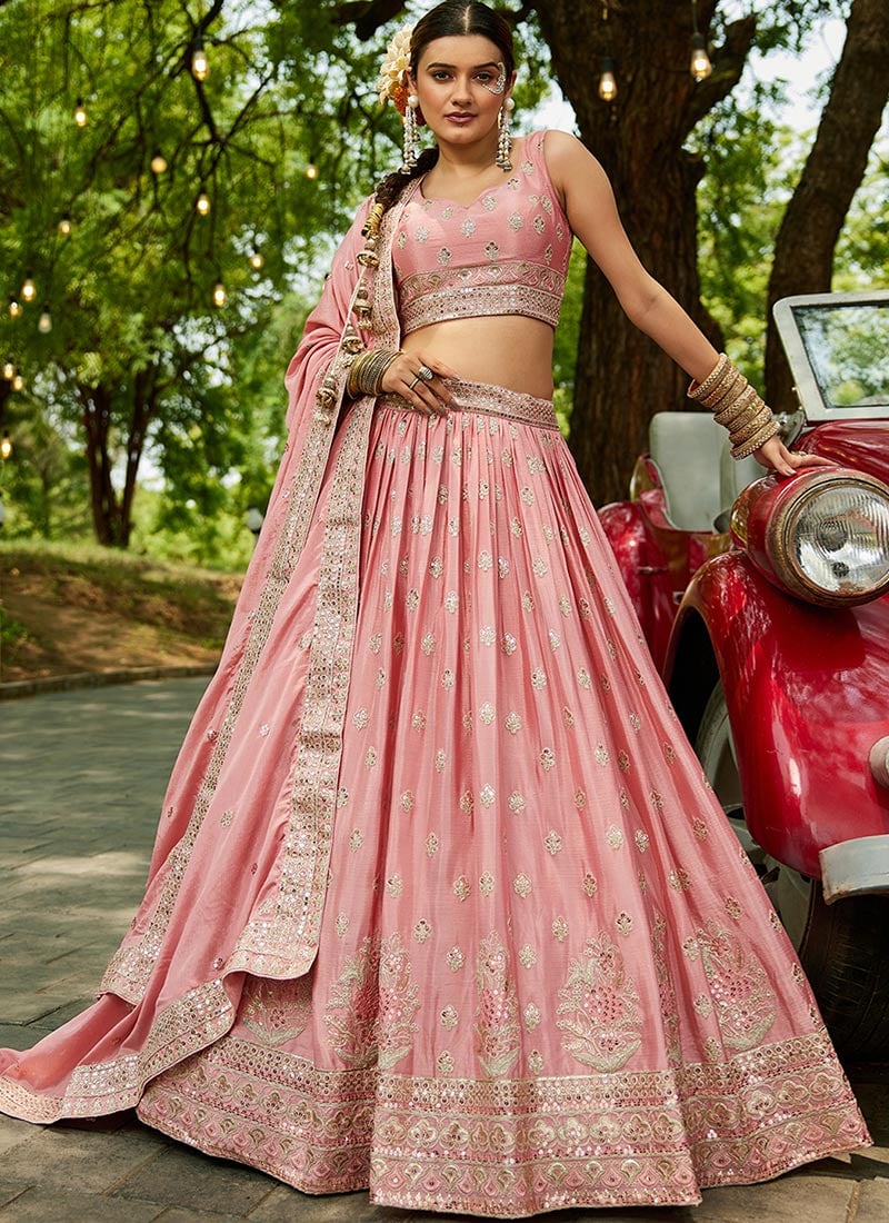 Pink Chiffon Embroidered Sequins Lehenga Wedding Wear