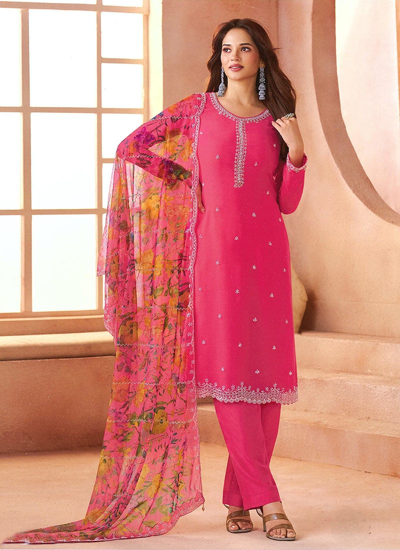 Pink Chiffon Embroidered Sequins Straight Pant Suit Festive Wear