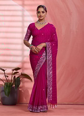 Pink Chiffon Embroidered Tikki Work Thread Saree