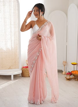 Pink Chiffon Sequins Cut Dana Beads Work Saree