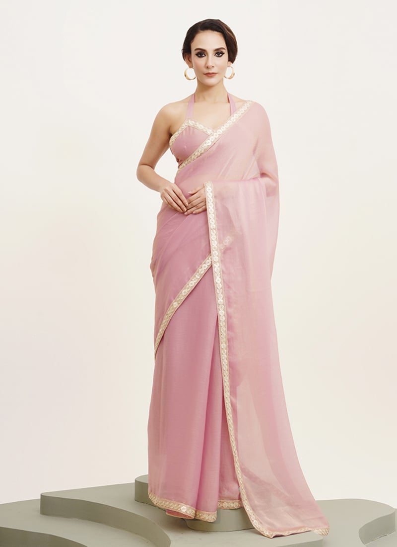 Pink Chiffon Sequins Saree After Six Wear