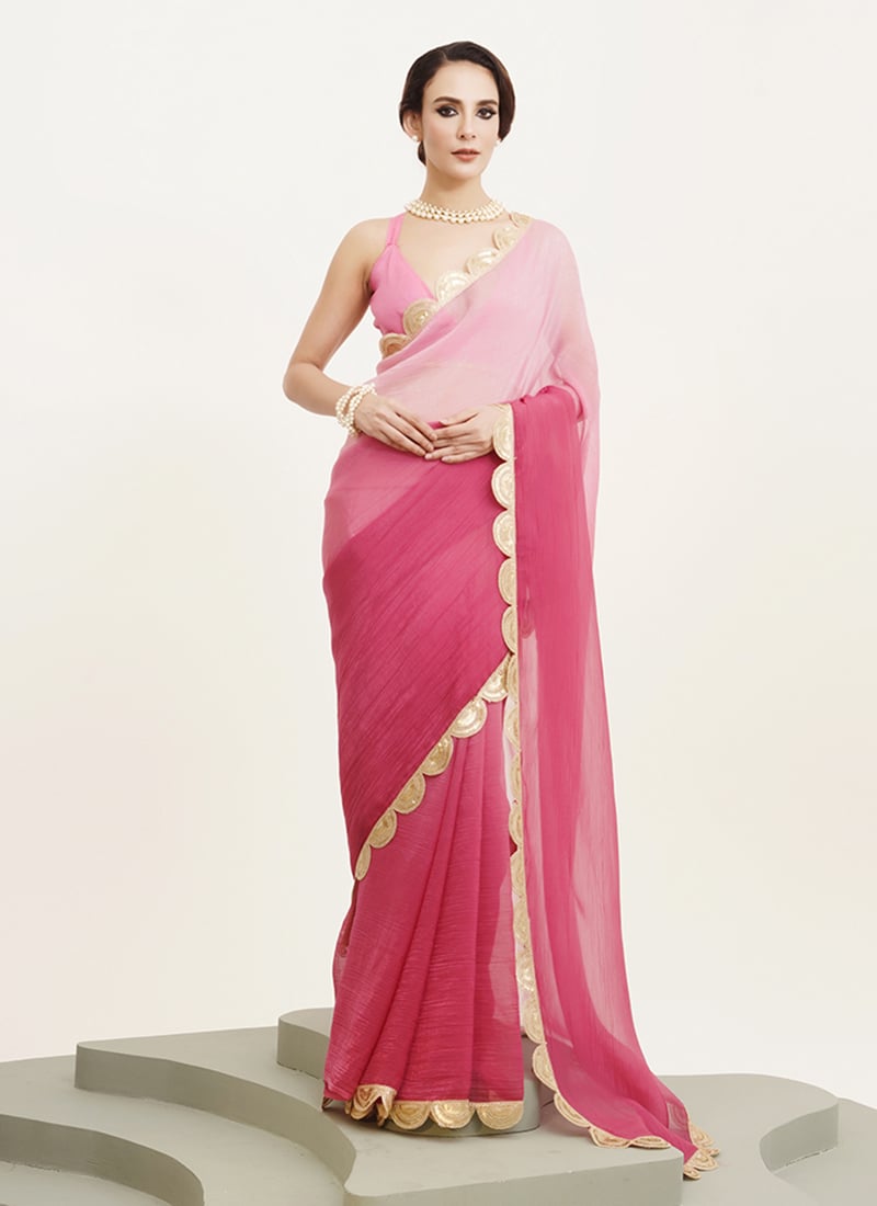 Pink Chiffon Sequins Saree After Six Wear