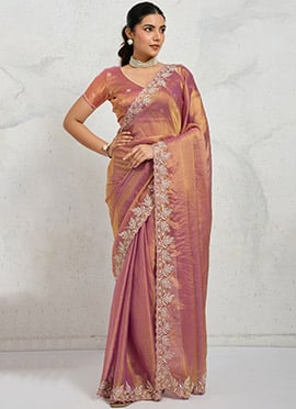 Pink Chiffon Velvet Zari Embroidered Sequins Thread Saree