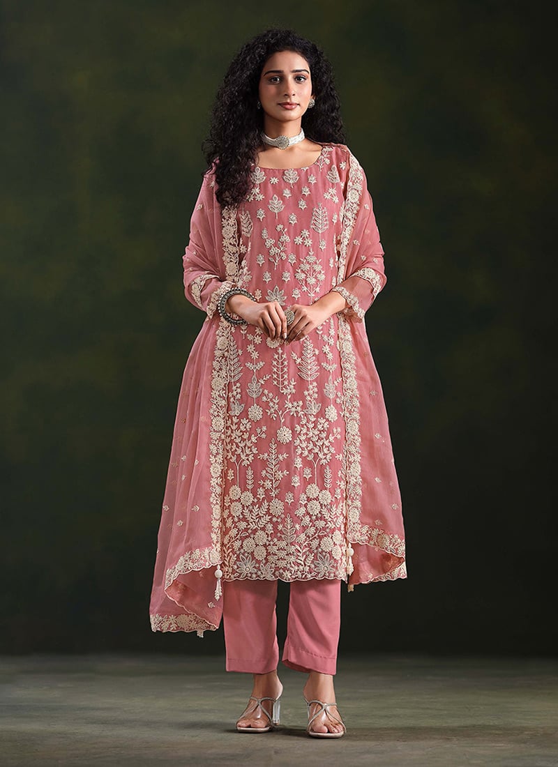 Pink Chiffon Zari Embroidered Sequins Straight Pant Suit Festive Wear