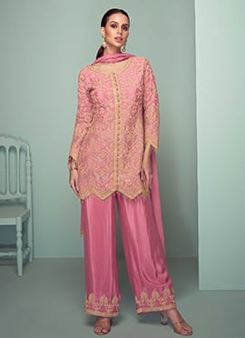 Pink Chinon Embroidered Sequins Palazzo Suit Festive Wear