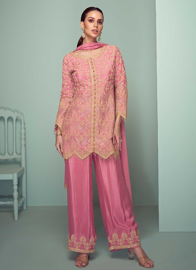 Pink Chinon Embroidered Sequins Palazzo Suit Festive Wear