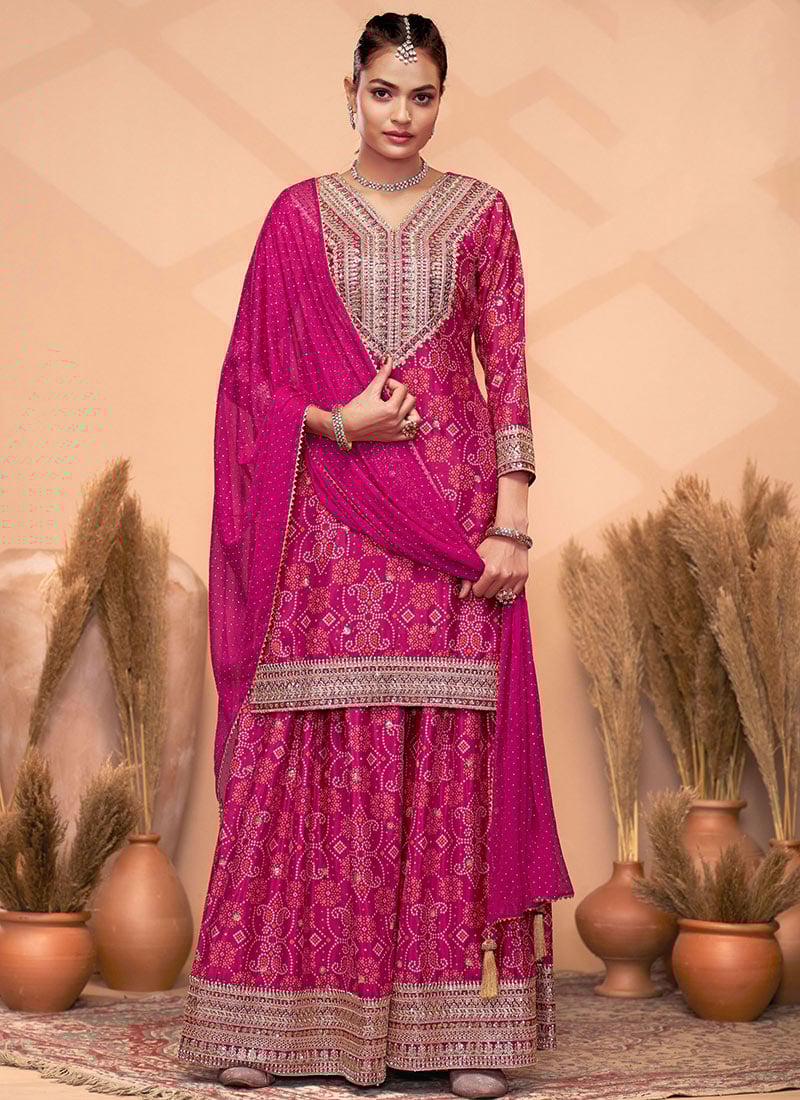 Pink Chinon Bandhini Print Embroidered Sequins Palazzo Suit Festive Wear