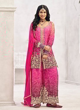 Pink Chinon Bandhani Print Embroidered Sequins With Stone Work Palazzo Suit