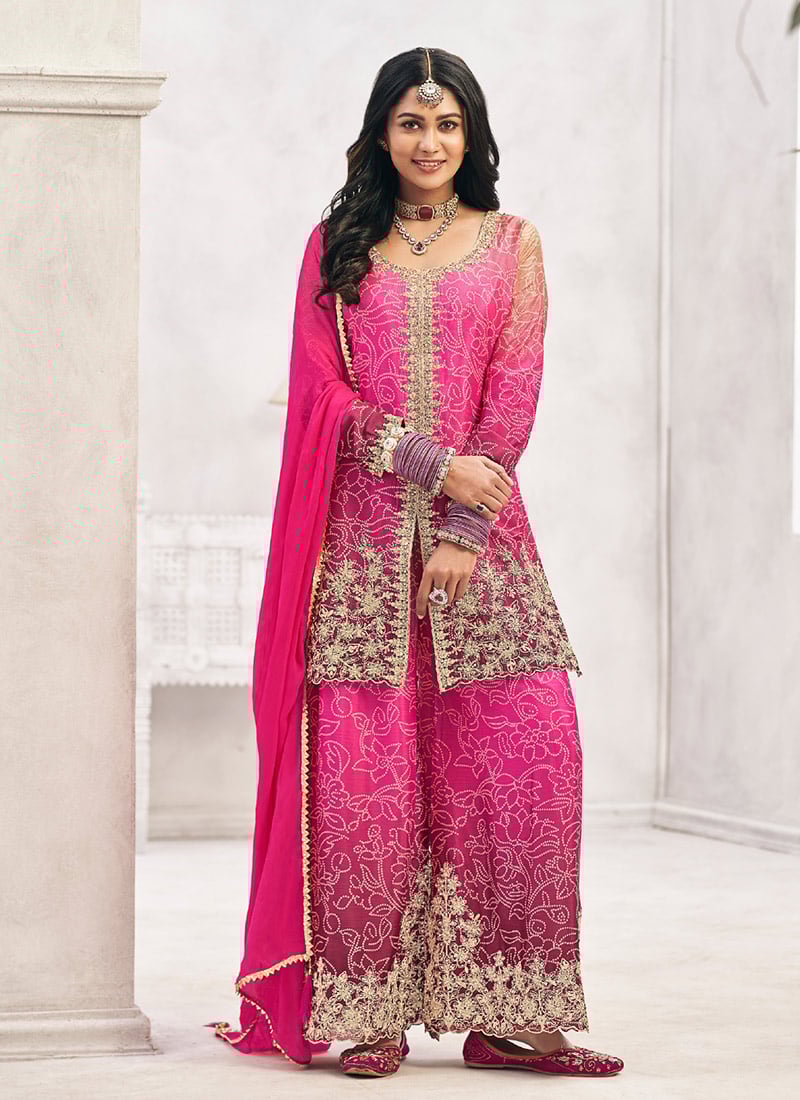 Pink Chinon Bandhani Print Embroidered Sequins With Stone Work Palazzo Suit
