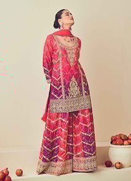 Pink Chinon Bandhini Print Embroidered Mirror Work Sequins Palazzo Suit