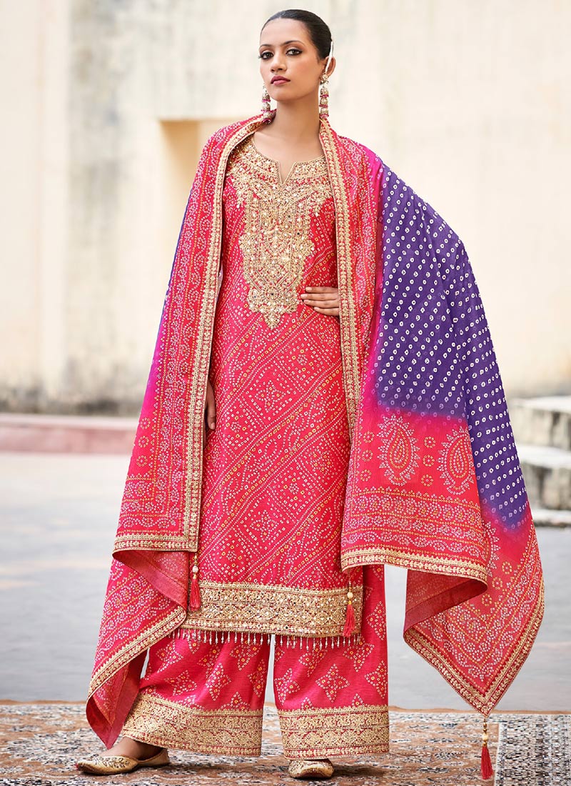Pink Chinon Bandhini Print Embroidered Sequins Palazzo Suit Festive Wear