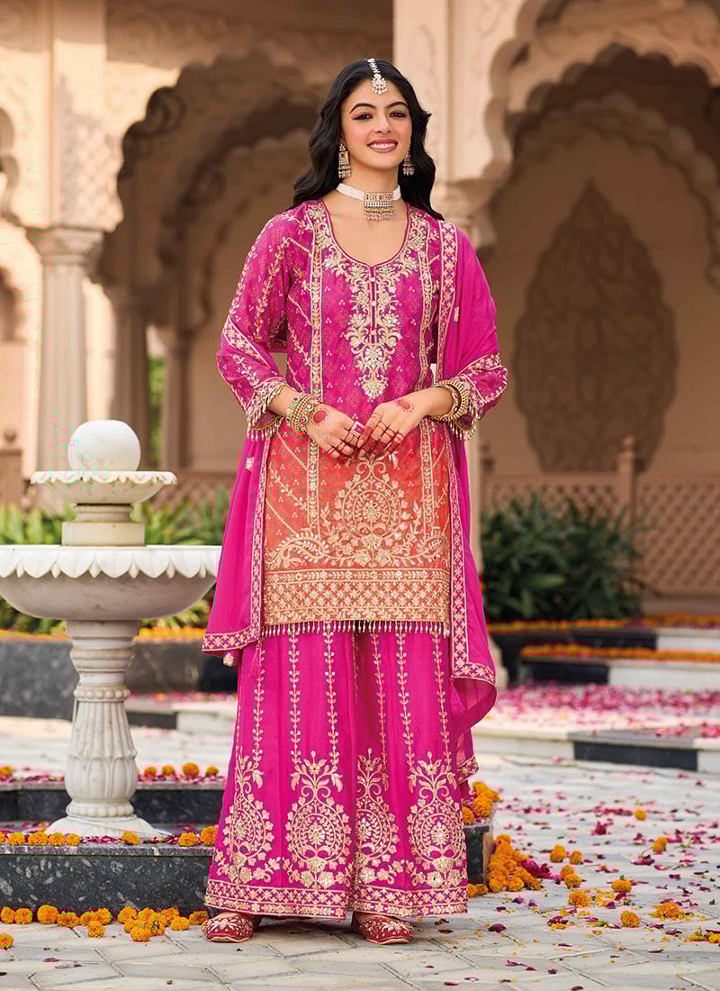 Pink Chinon Bandhini Print Embroidered Sequins Palazzo Suit