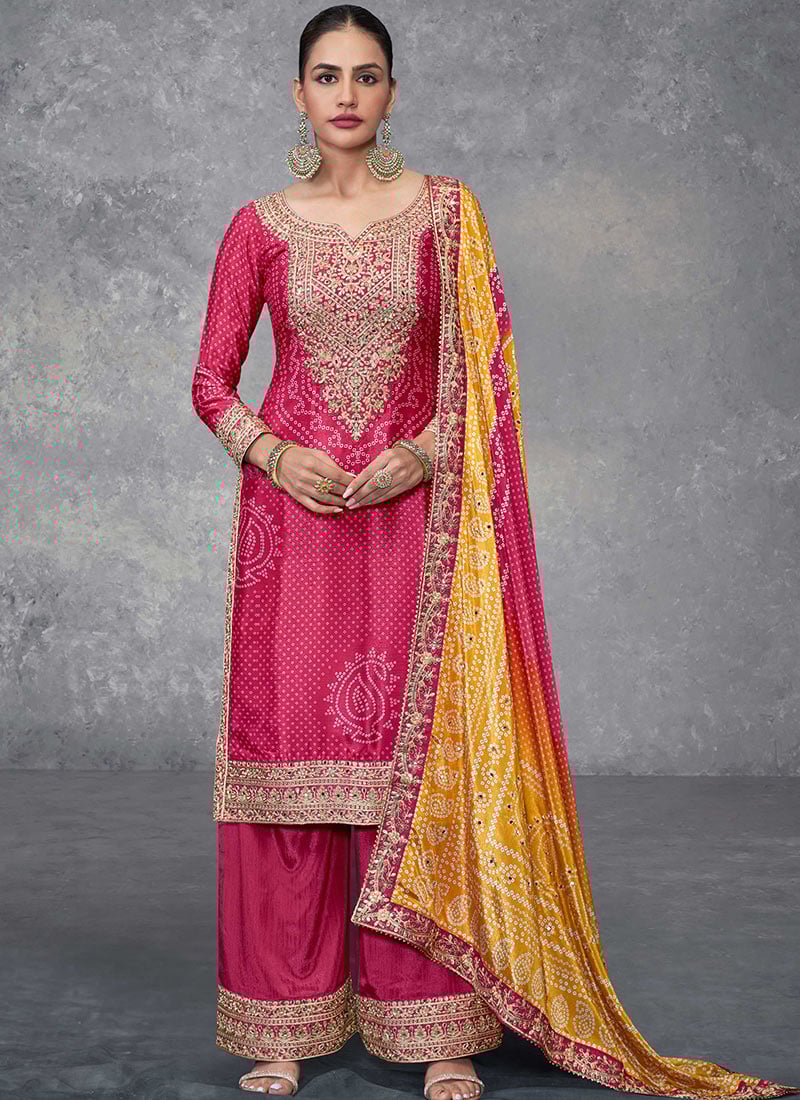 Pink Chinon Bandhini Print With Embroidered Sequins Palazzo Suit Festive Wear