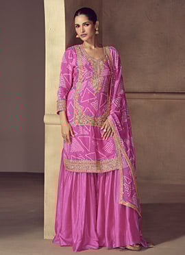 Pink Chinon Bandhini Print Zari Embroidered Sequins Palazzo Suit