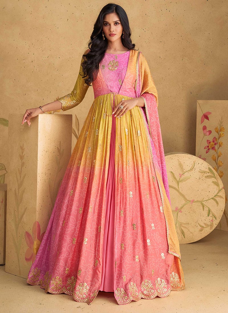Pink Chinon Bhandhini Print Gota Work Classy Anarkali Suit Wedding Wear