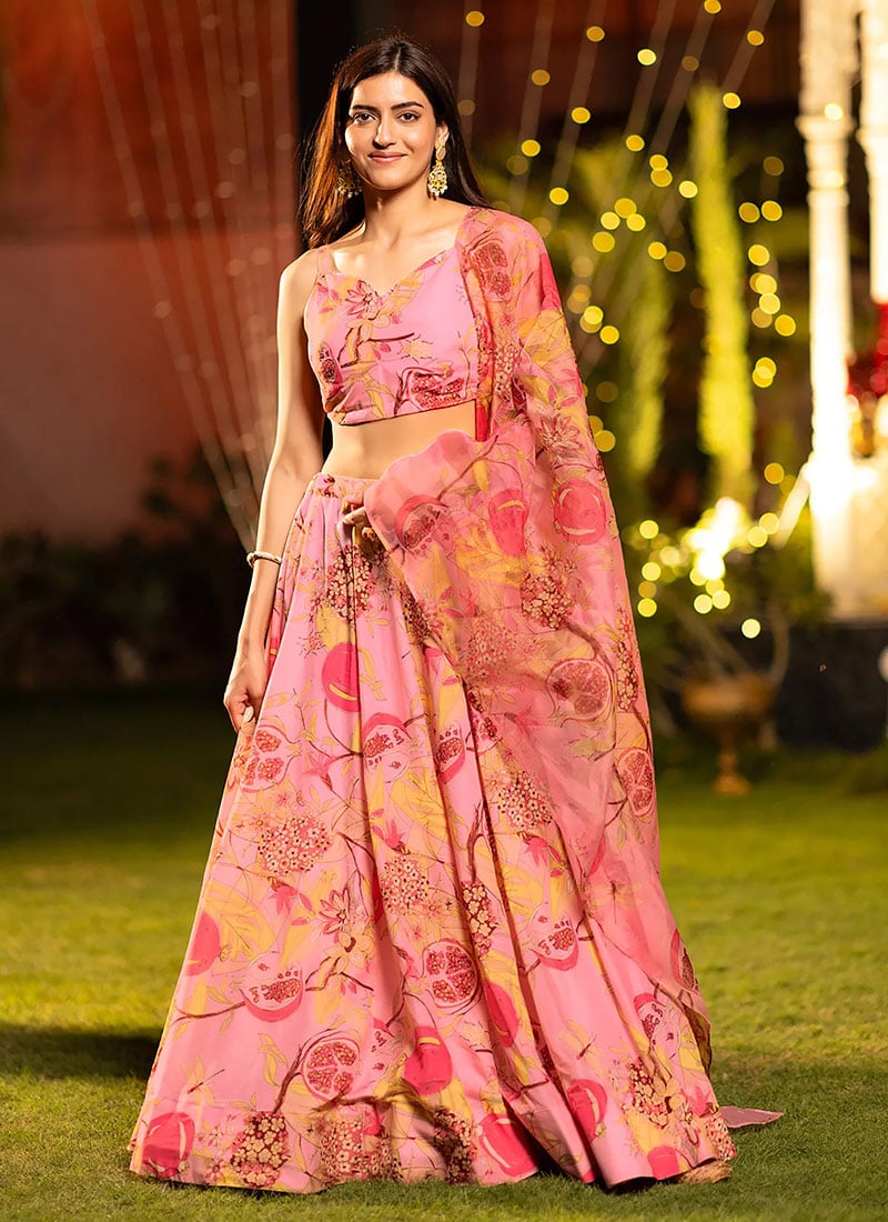 Pink Chinon Digital Floral Print Lehenga After Six Wear