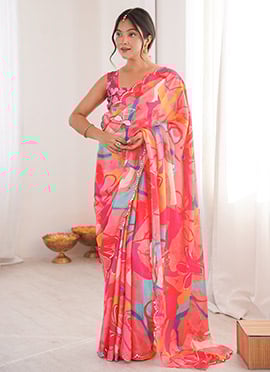 Pink Chinon Digital Print Cut Work Foil Mirror Border Saree