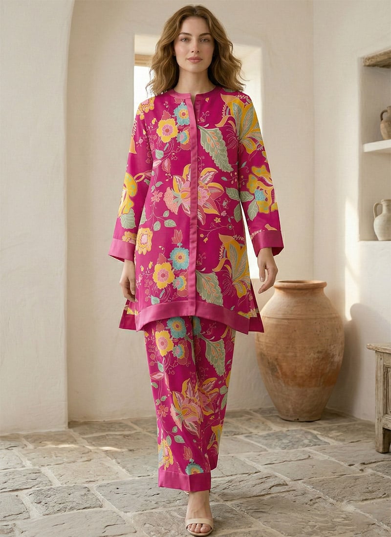 Pink Chinon Digital Print Indowestern Co Ord Set After Six Wear