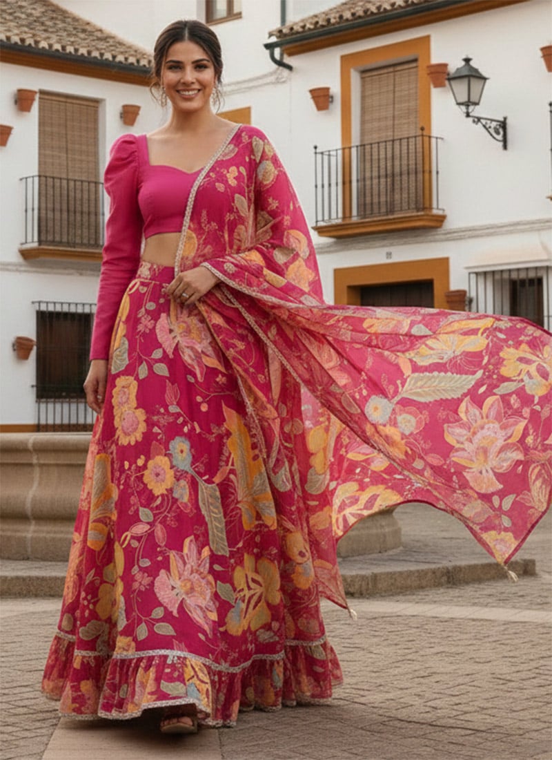 Pink Chinon Digital Print Lehenga After Six Wear