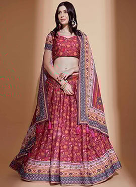 Pink Chinon Digital Print Umbrella Lehenga