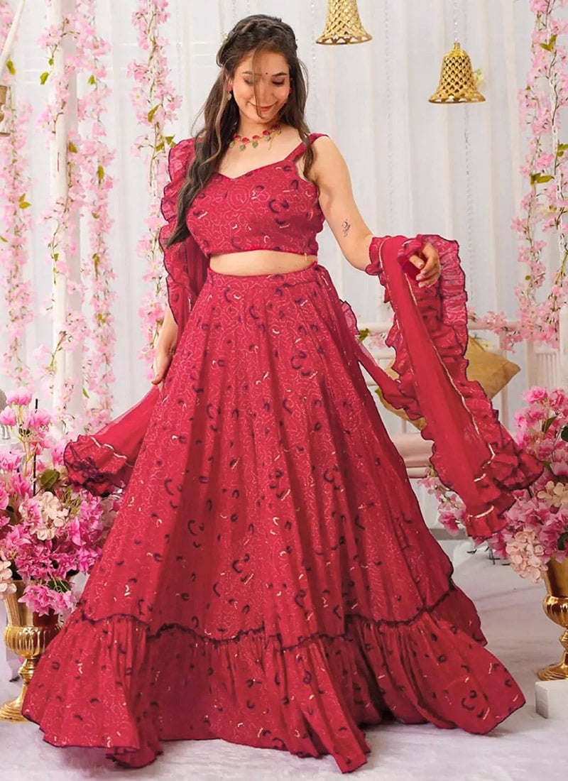 Pink Chinon Digital Print Umbrella Lehenga After Six Wear
