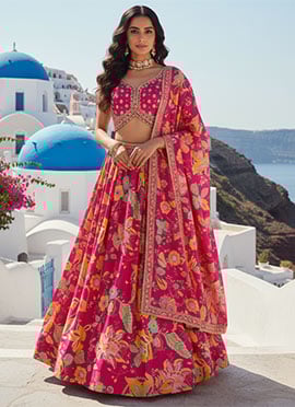 Pink Chinon Digital Print Zari Sequins Hand Embroidered Lehenga