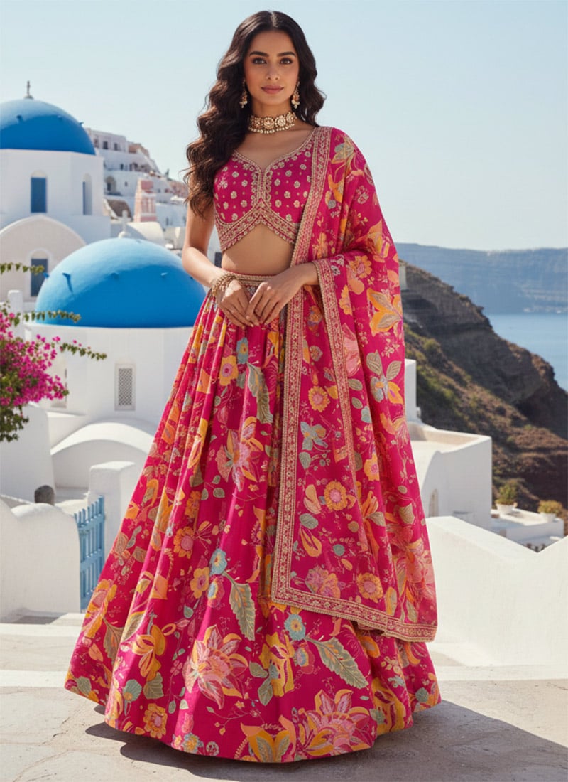 Pink Chinon Digital Print Zari Sequins Hand Embroidered Lehenga Wedding Wear