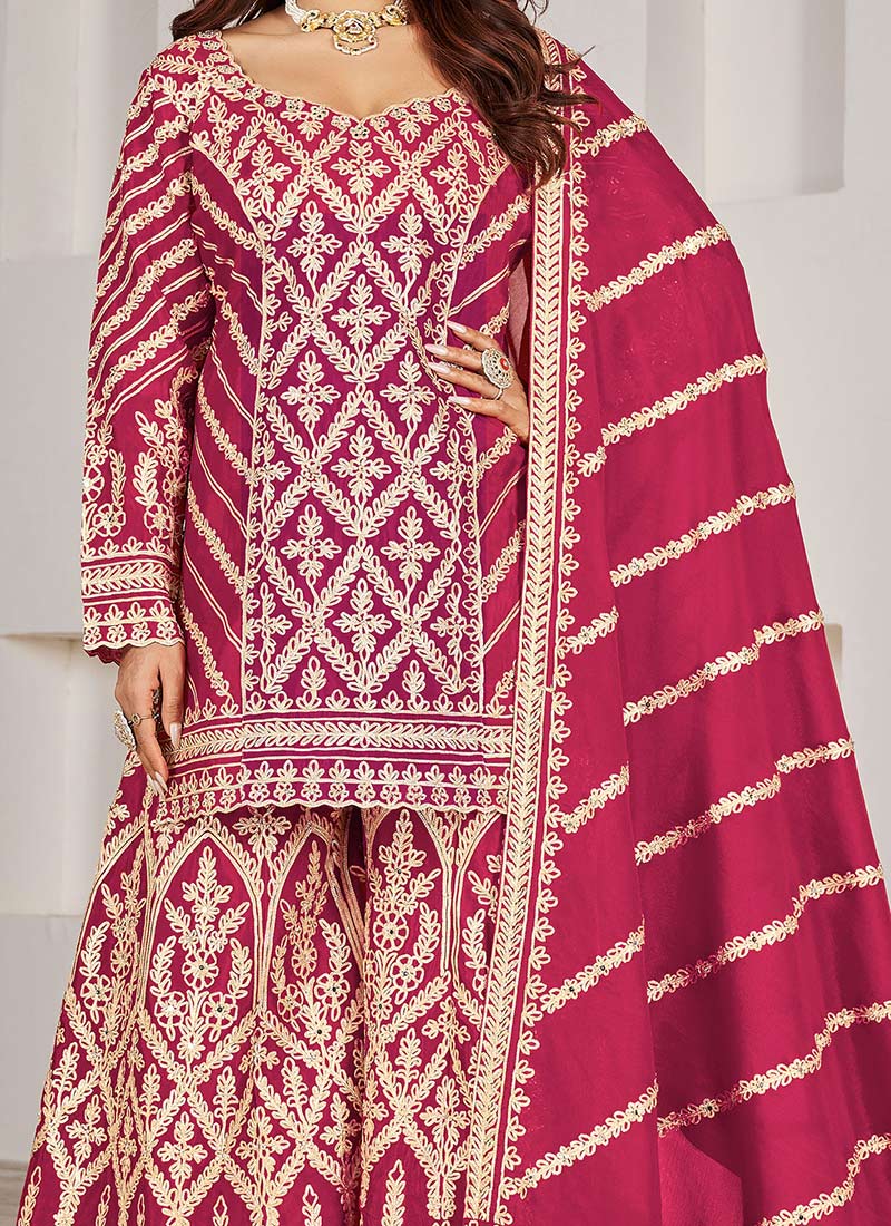 Pink Readymade Embroidered Chinon Palazzo Suit main image 1