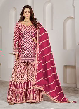 Pink Chinon Embroidered And Mirror Work Pakistani Palazzo Suit