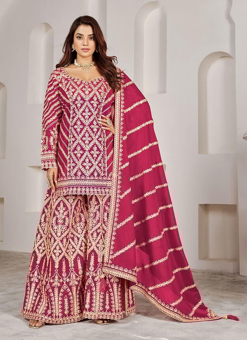 Pink Chinon Embroidered And Mirror Work Pakistani Palazzo Suit Festive Wear