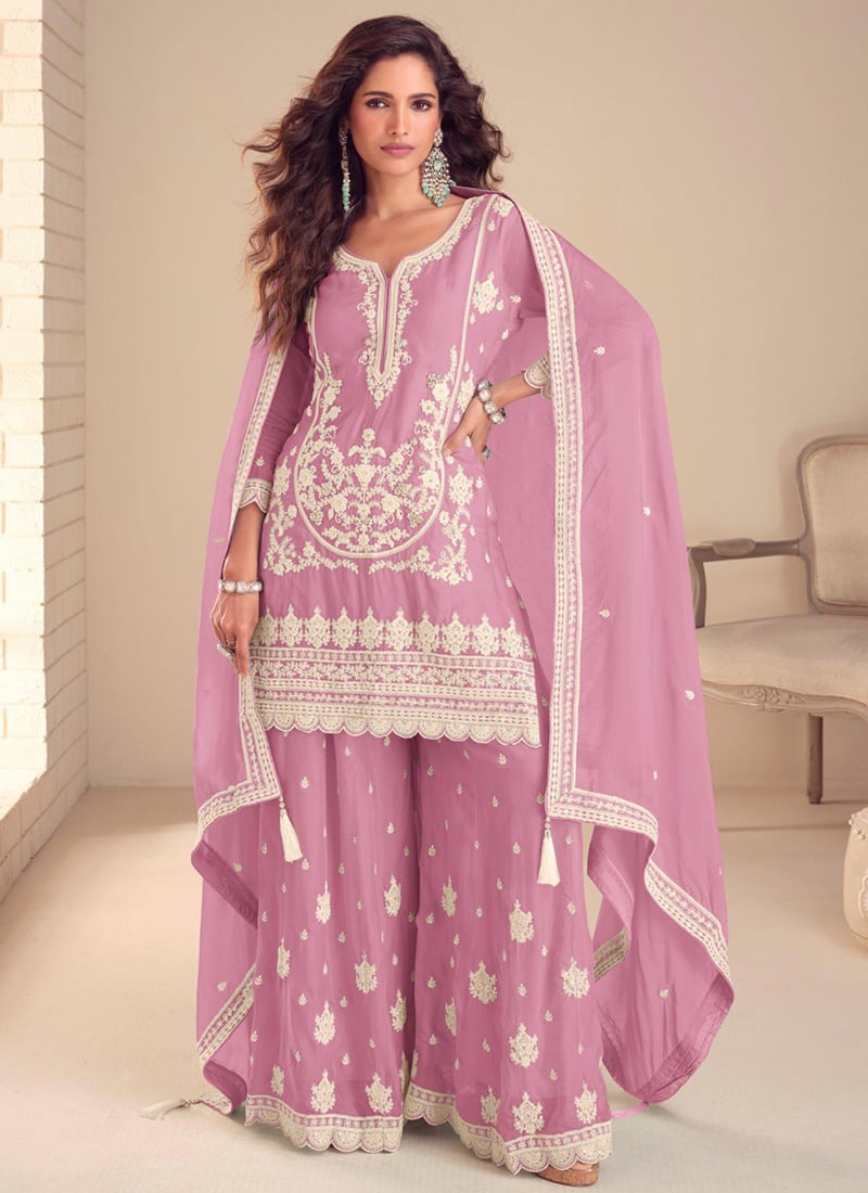 Pink Chinon Embroidered Hand Work Palazzo Suit Festive Wear